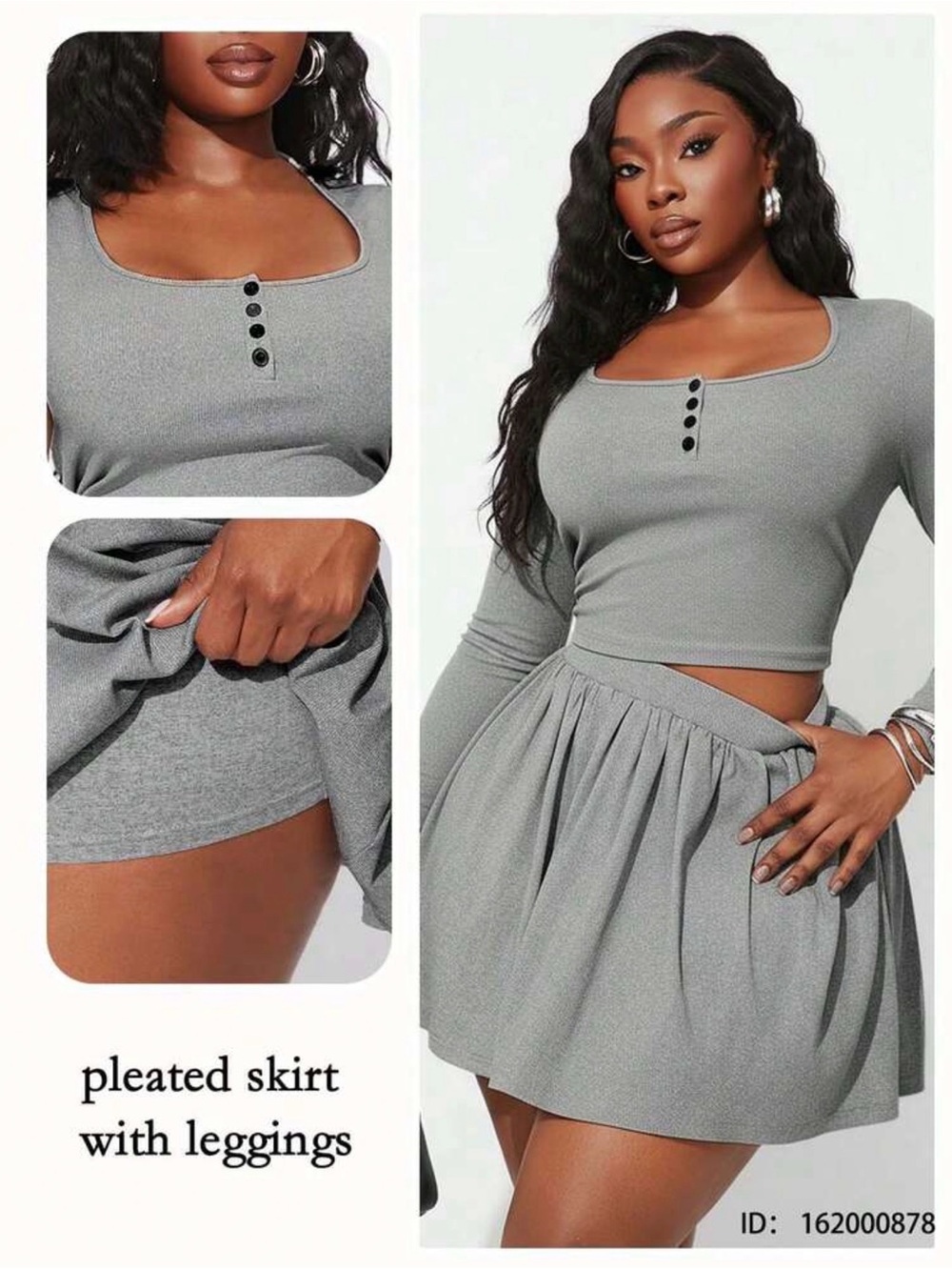 New Arrivals! 2PC Pleated Grey Skirt with Built-In Leggings And Long Sleeve top